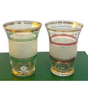 2 MCM Sugar Frosted Textured Gold Stripe Shot Glass Barware Hollywood Regency